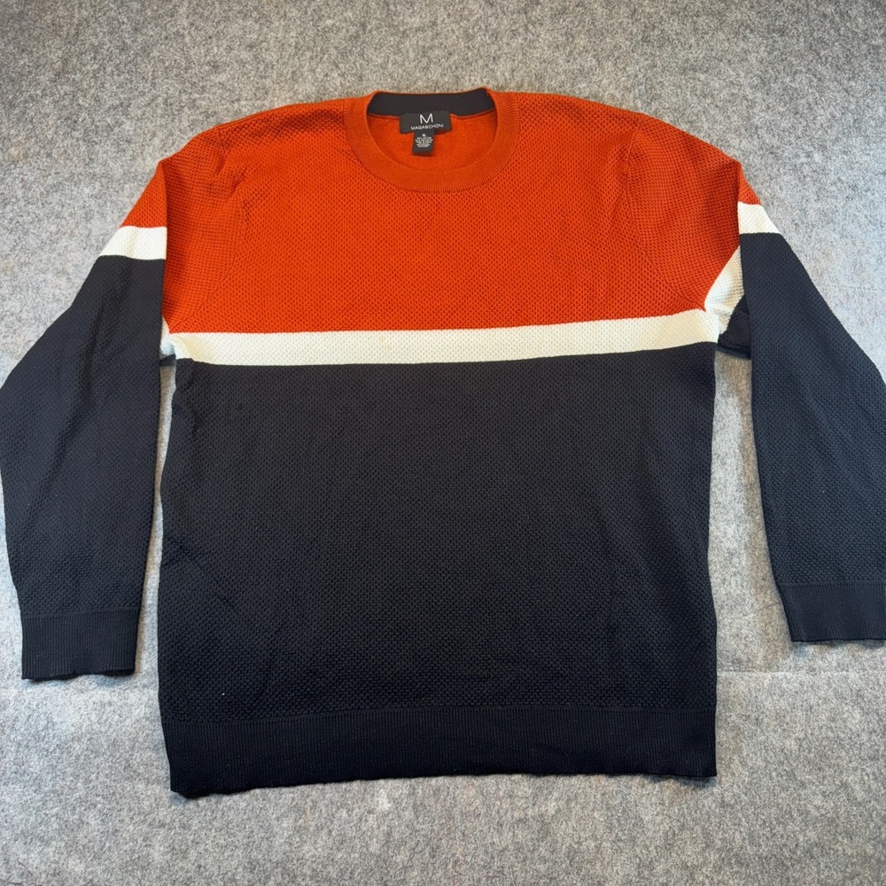 Magaschoni Men’s XL Colorblock Crewneck Sweater Orange Black Cotton Blend
